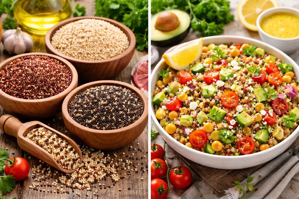دانه کینوا خام و پخته شده در رنگ‌های مختلف به عنوان خاویار گیاهی