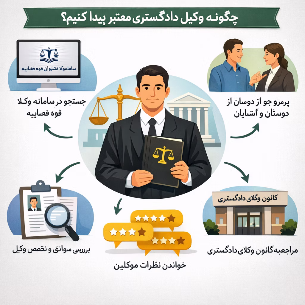چگونه وکیل دادگستری معتبر پیدا کنیم؟ ۴ روش مطمئن برای تشخیص وکیل کلاهبردار
